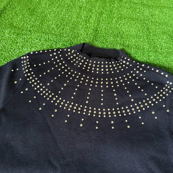 Ann Taylor Rhinestone Embellished Mock Neck Sweater T-Shirt Size M Navy Blue Sky - Picture 6 of 13